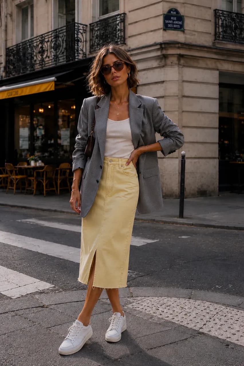 Estilo urbano con blazer gris y falda amarilla