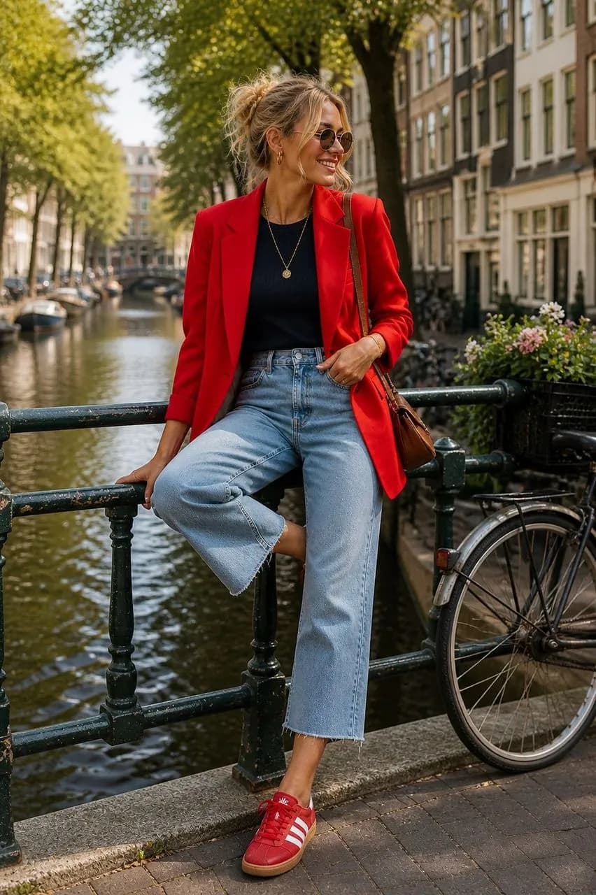 Americana en rojo, camiseta en negro, vaqueros en azul y deportivas en rojo