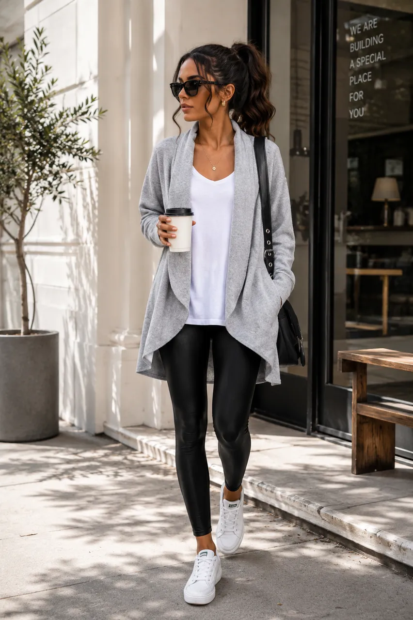 Estilo casual con leggings y cardigan gris
