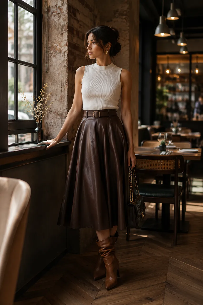Estilo elegante con falda midi y top blanco