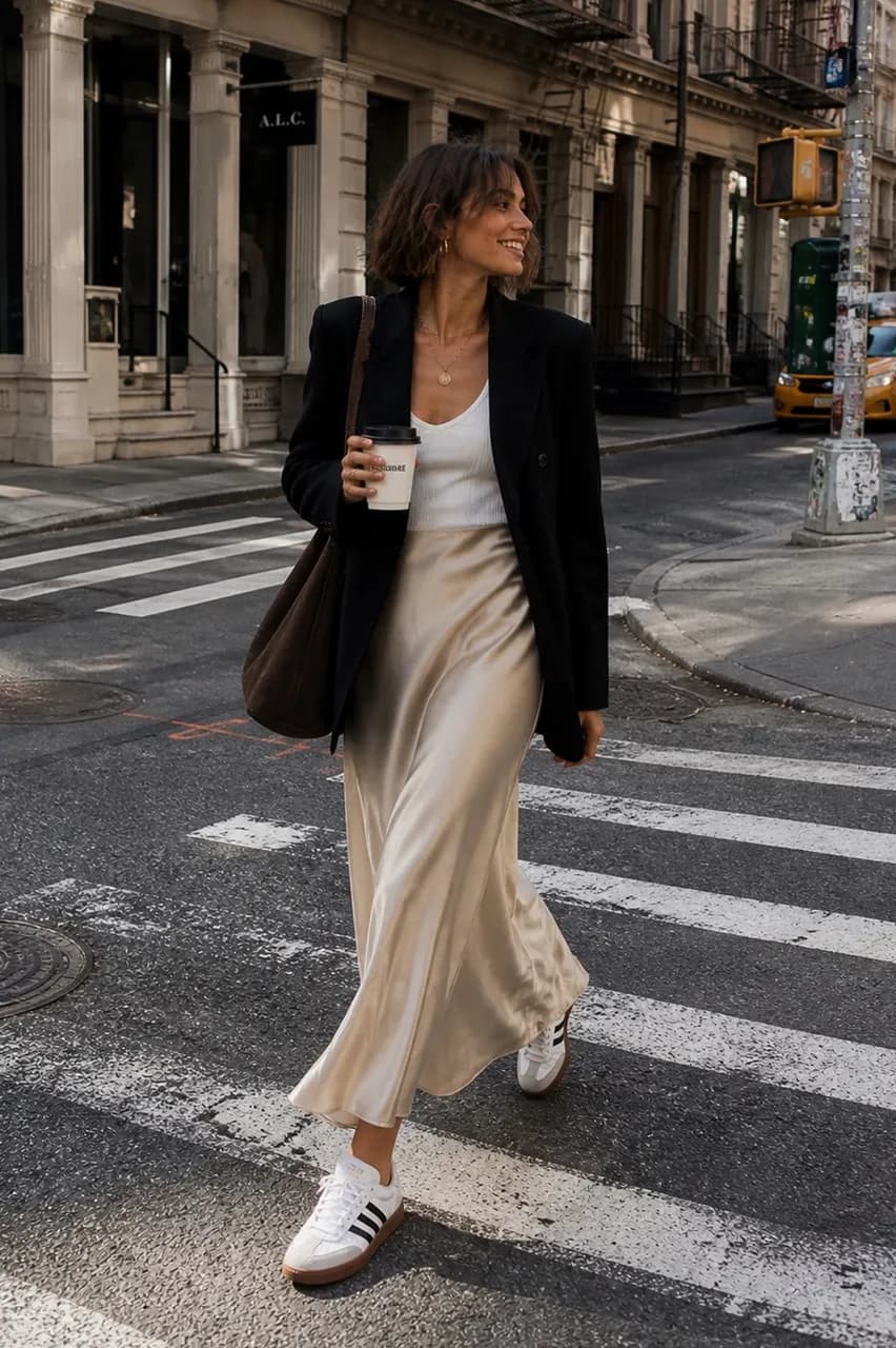 Estilo urbano con falda satinada y blazer