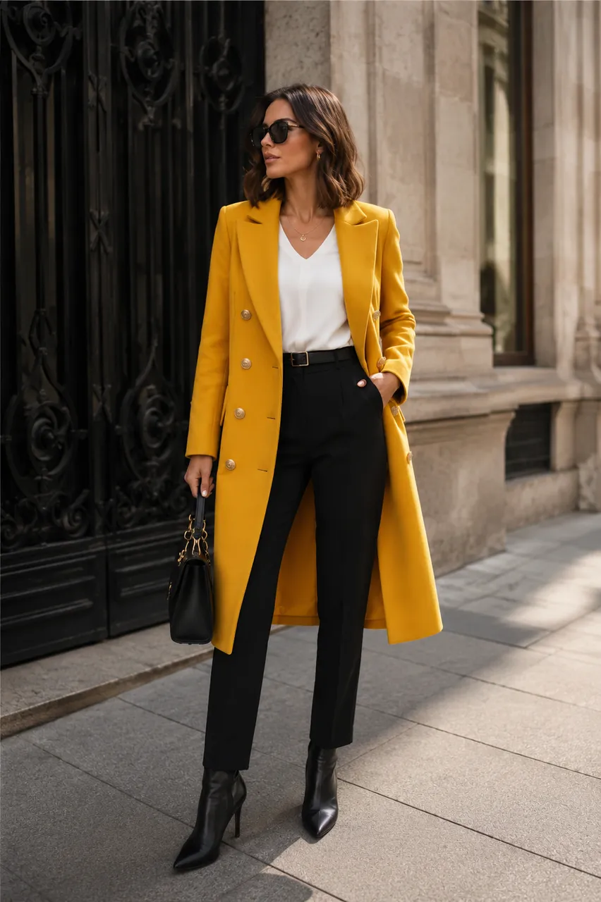 Estilo sofisticado con abrigo mostaza