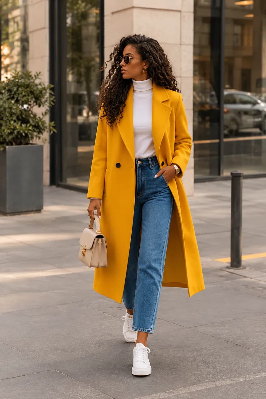 Estilo urbano con abrigo amarillo y denim