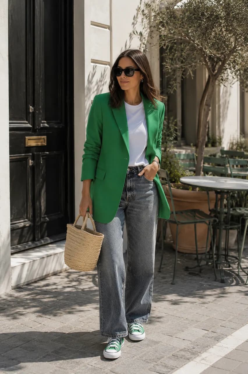 Verde y denim para un outfit effortless