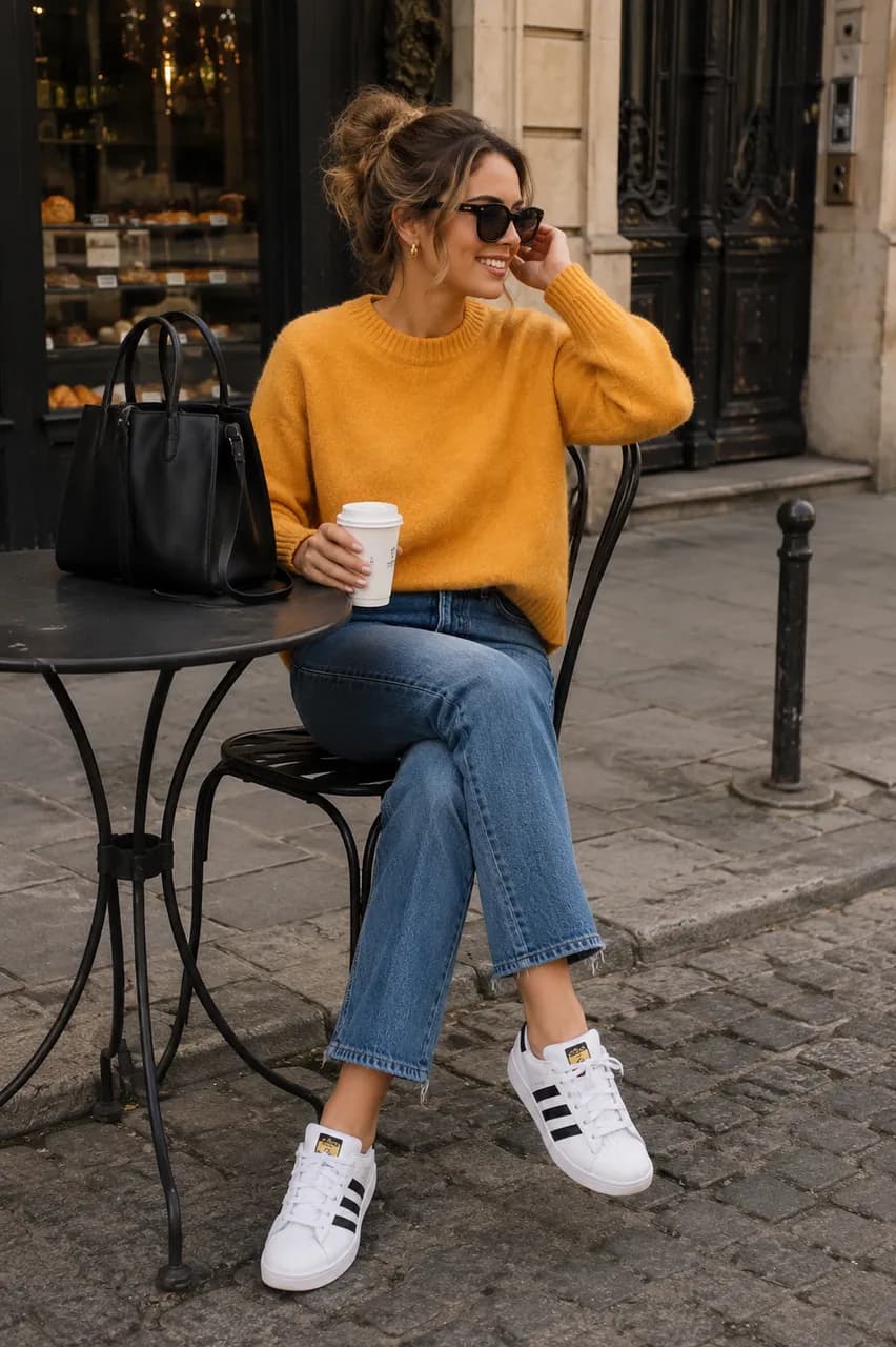 Estilo casual con jersey mostaza y denim