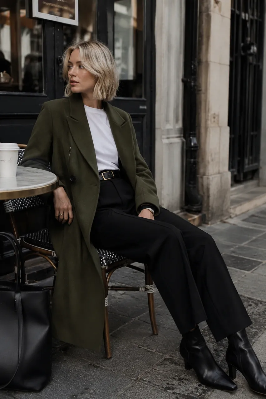 Estilo urbano con abrigo verde y básicos