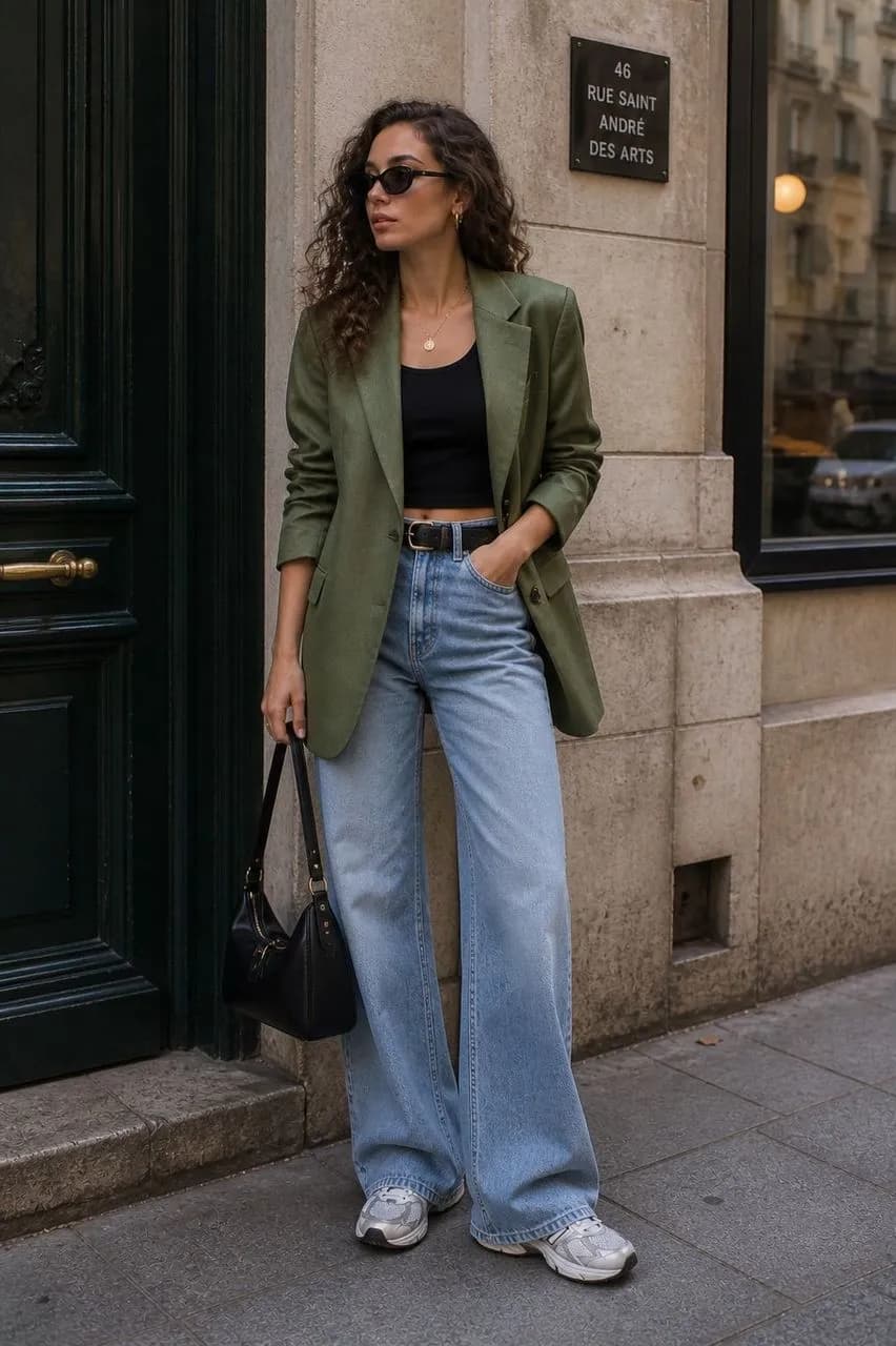 Estilo urbano con blazer verde y denim