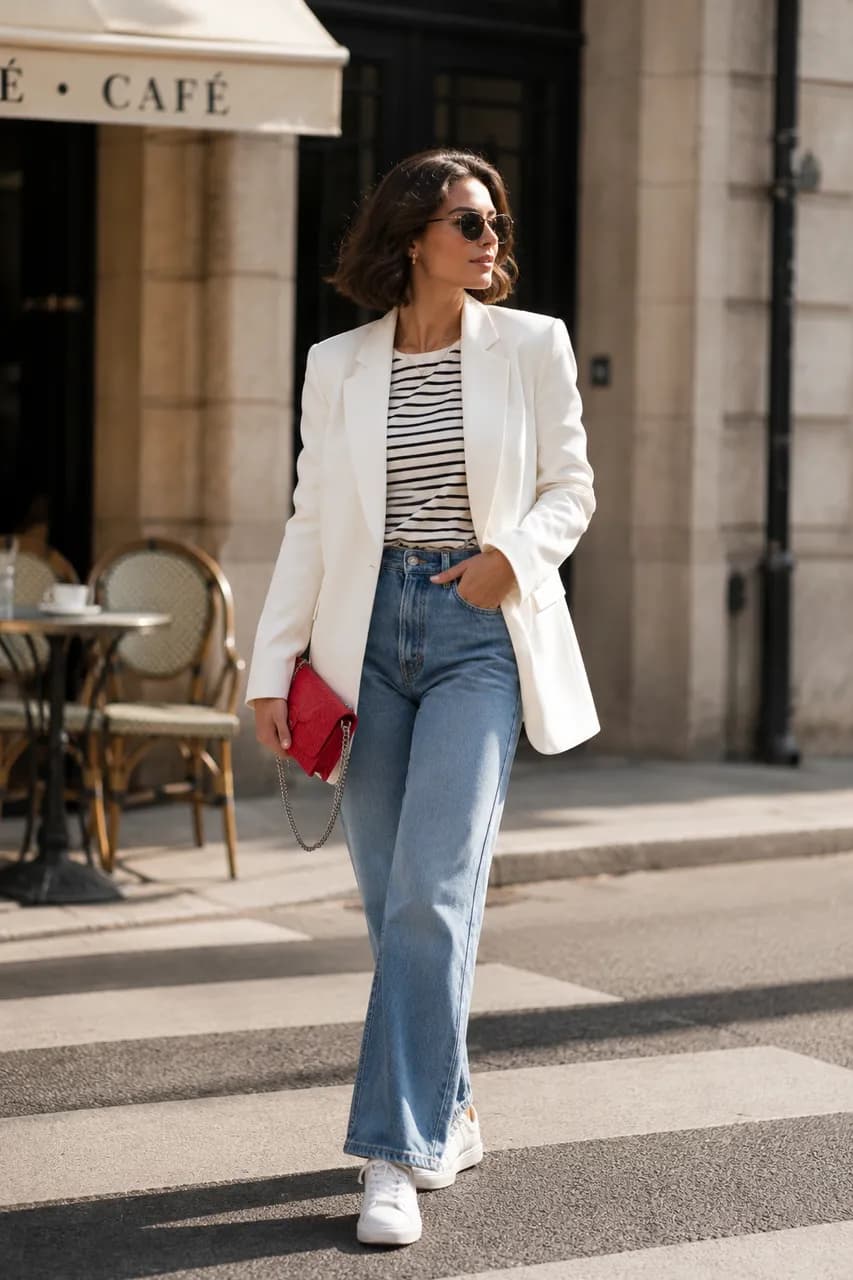 Estilo parisino con blazer blanco y denim