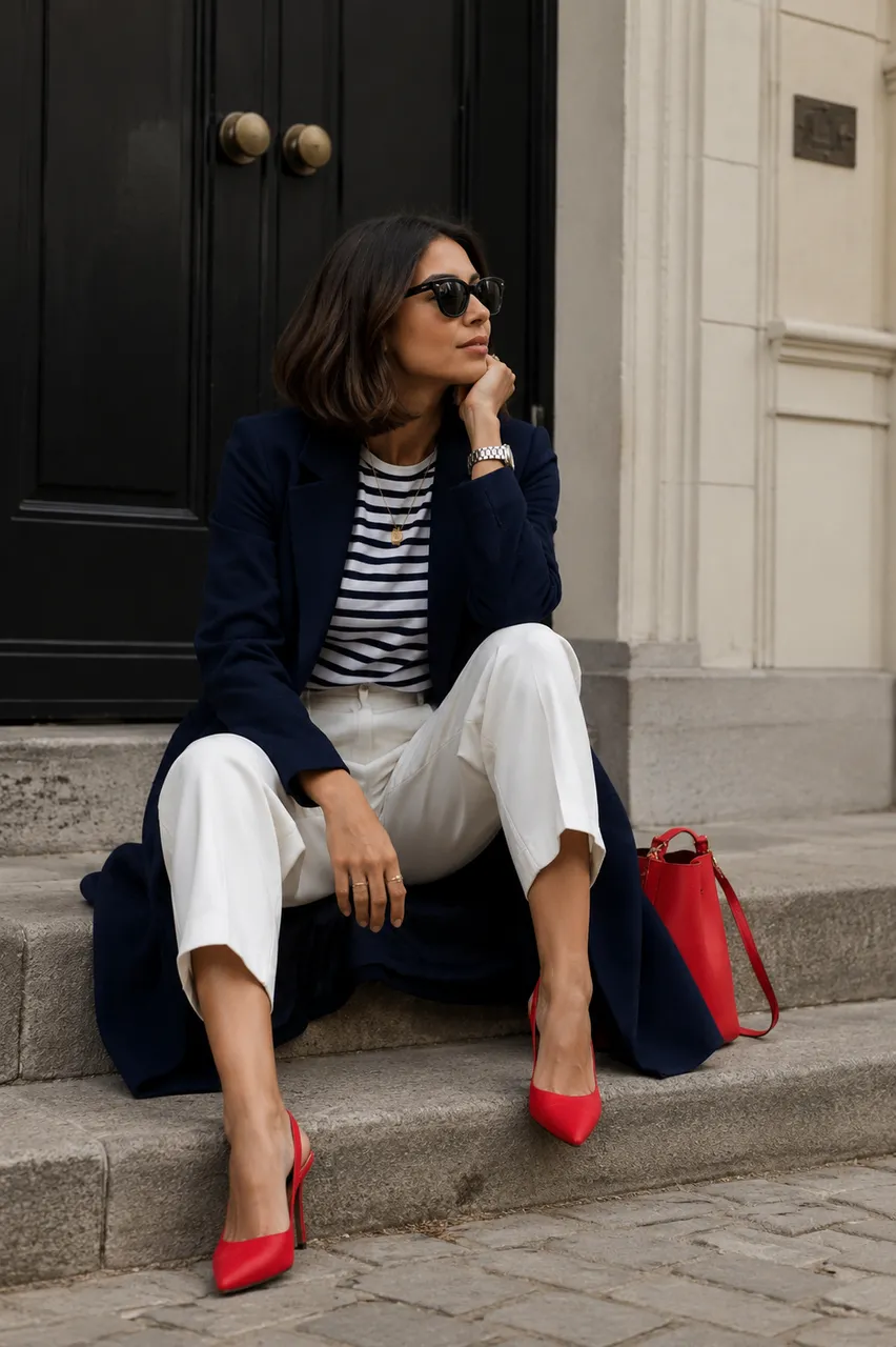 Estilo navy con toques de rojo vibrante