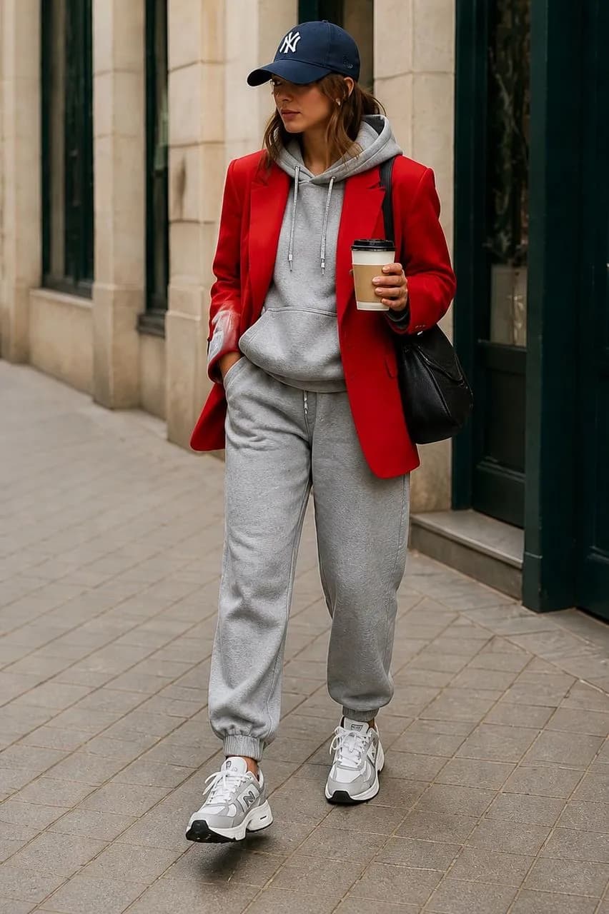Americana en rojo, sudadera en gris, pantalón en gris y deportivas en gris