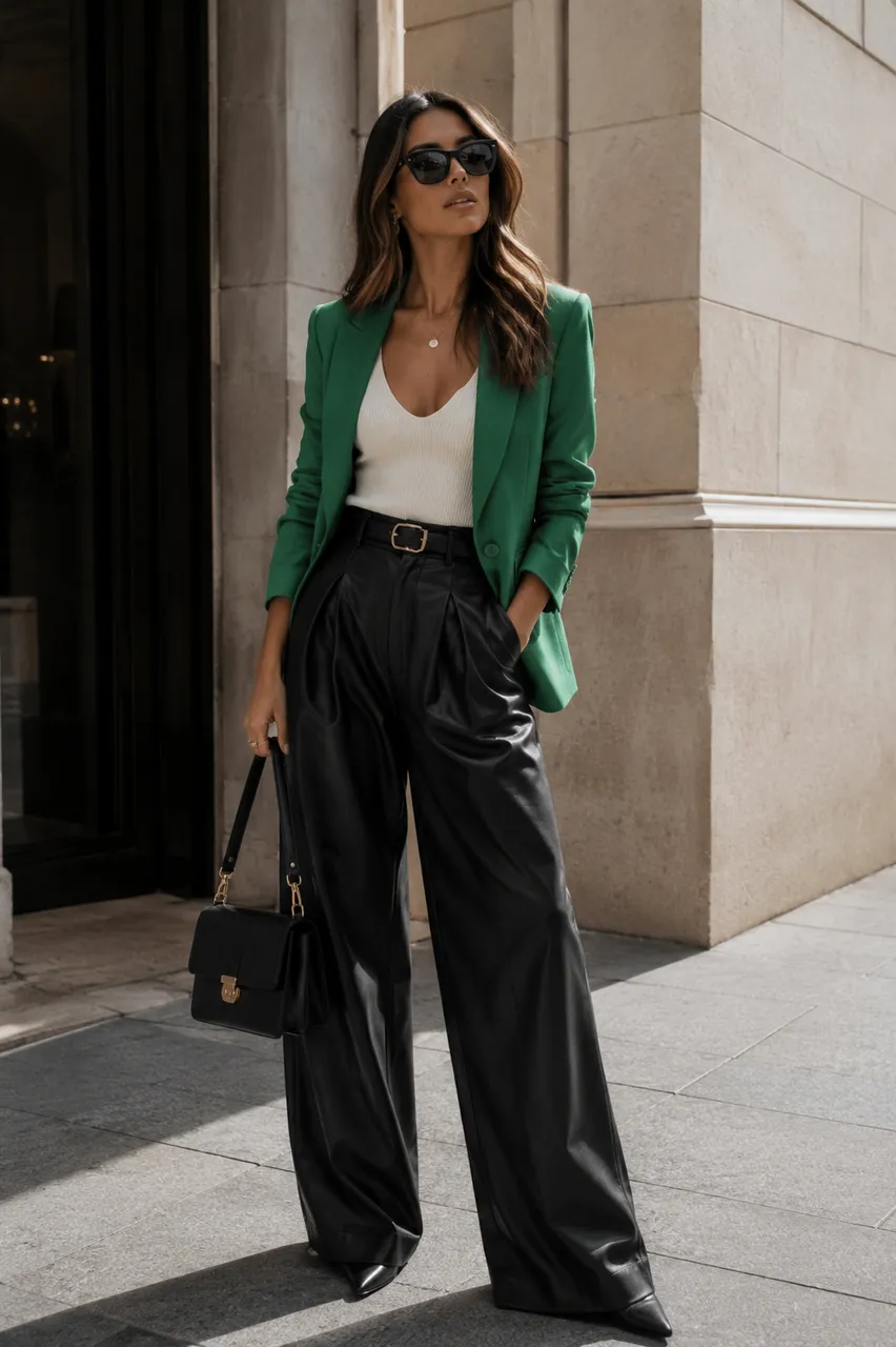Blazer verde y pantalones negros para un look chic