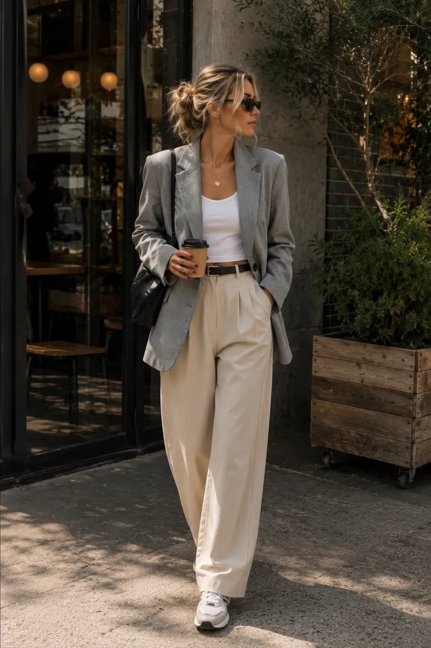 Blazer gris y pantalones beige para un look urbano