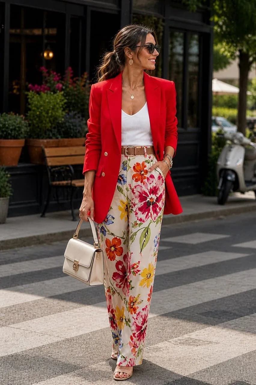 Americana en rojo, camiseta en blanco, pantalón con estampado y sandalias en bei