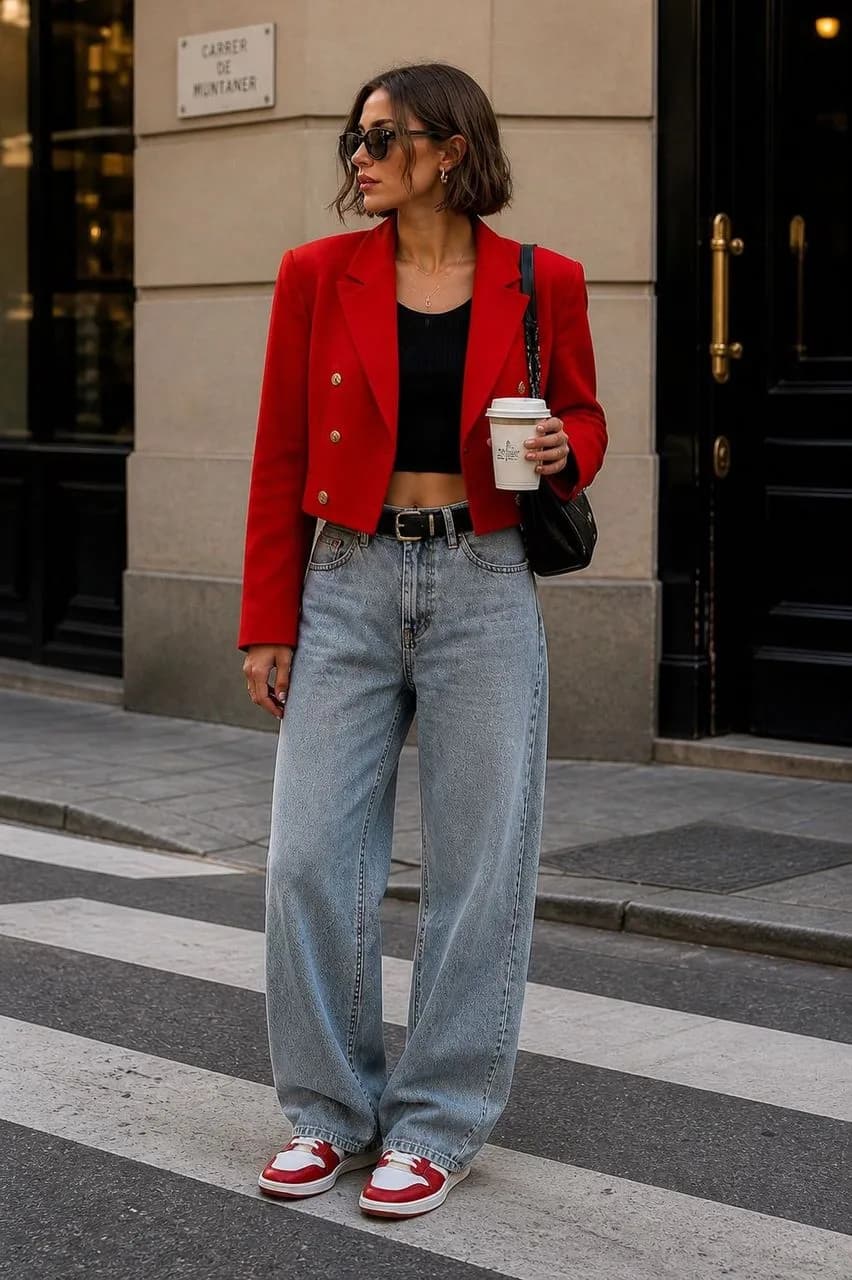 Americana en rojo, camiseta en negro, vaqueros en azul y deportivas en rojo