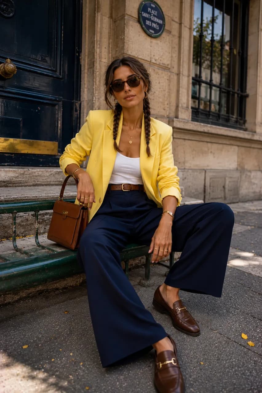 Estilo urbano con blazer amarillo y pantalones azul marino