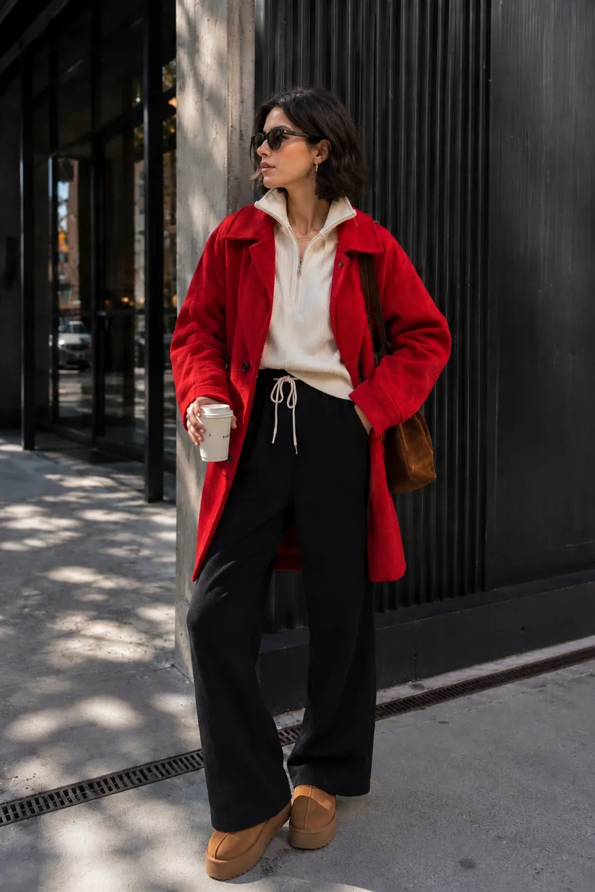 Estilo urbano con abrigo rojo vibrante