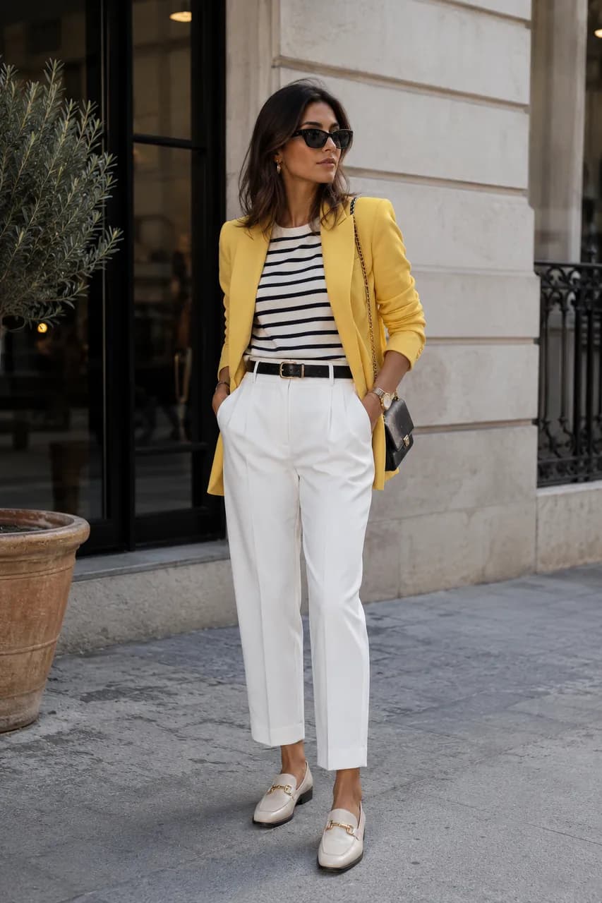 Estilo moderno con blazer amarillo y neutros