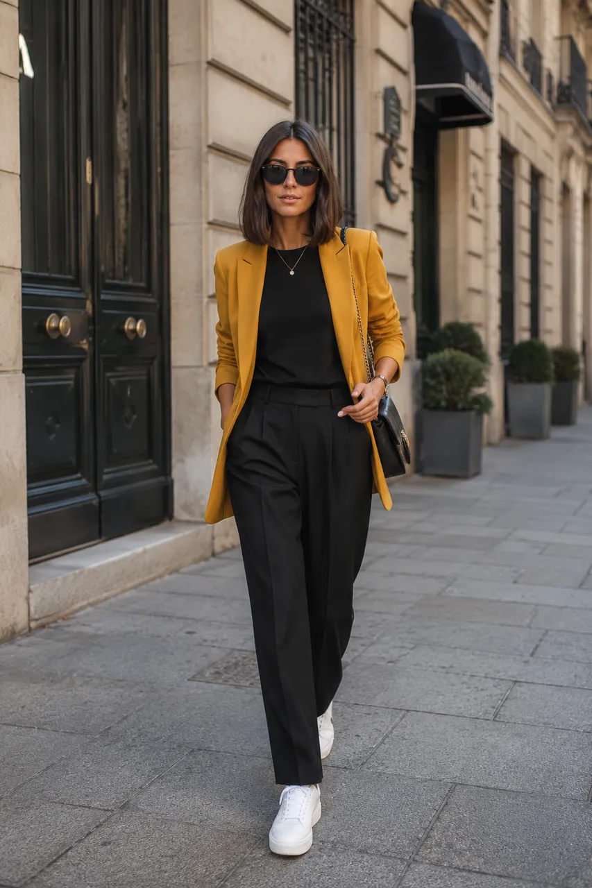 Estilo urbano con blazer mostaza y básicos