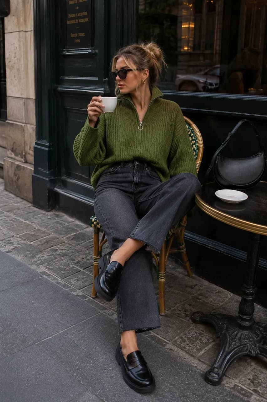 Estilo casual chic en verde y denim