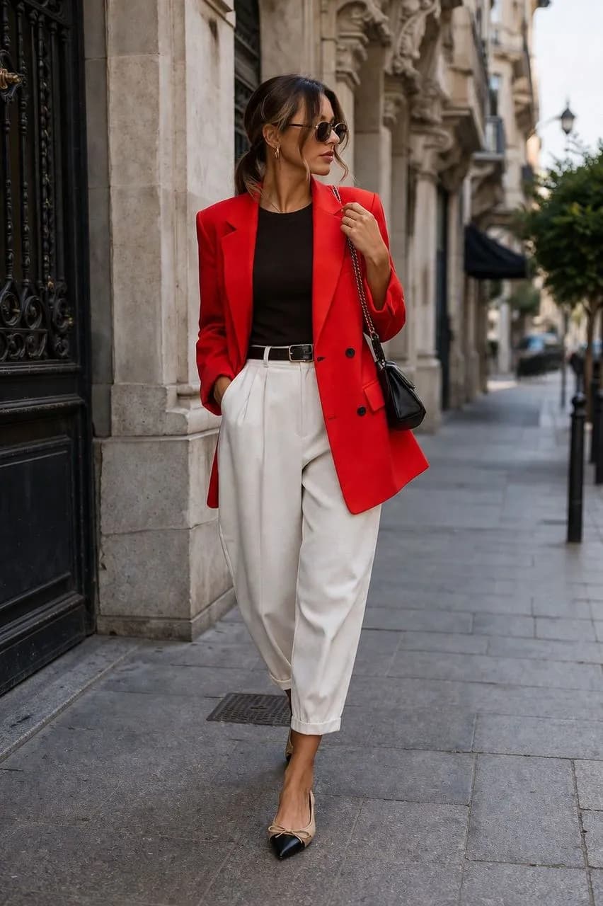 Americana en rojo, camiseta en negro, pantalón en beige y bailarinas en beige
