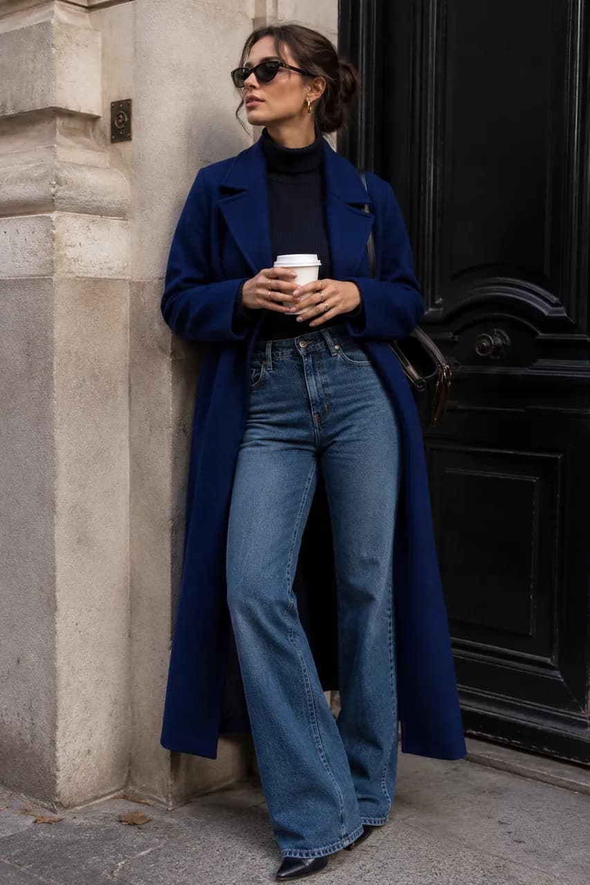 Estilo urbano con abrigo azul y denim