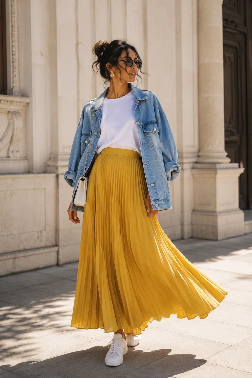 Estilo casual con falda amarilla y denim