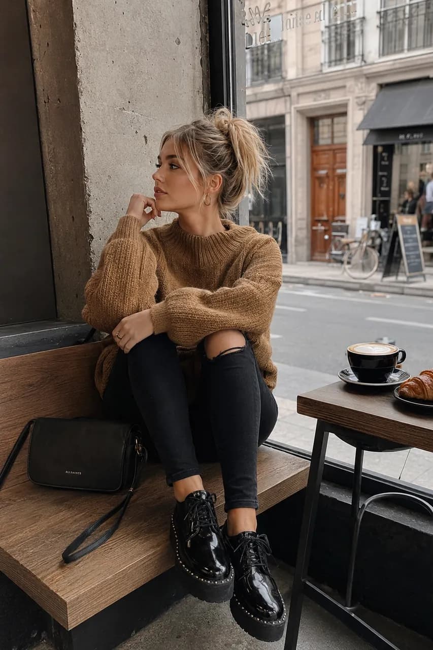 Estilo casual chic con suéter camel