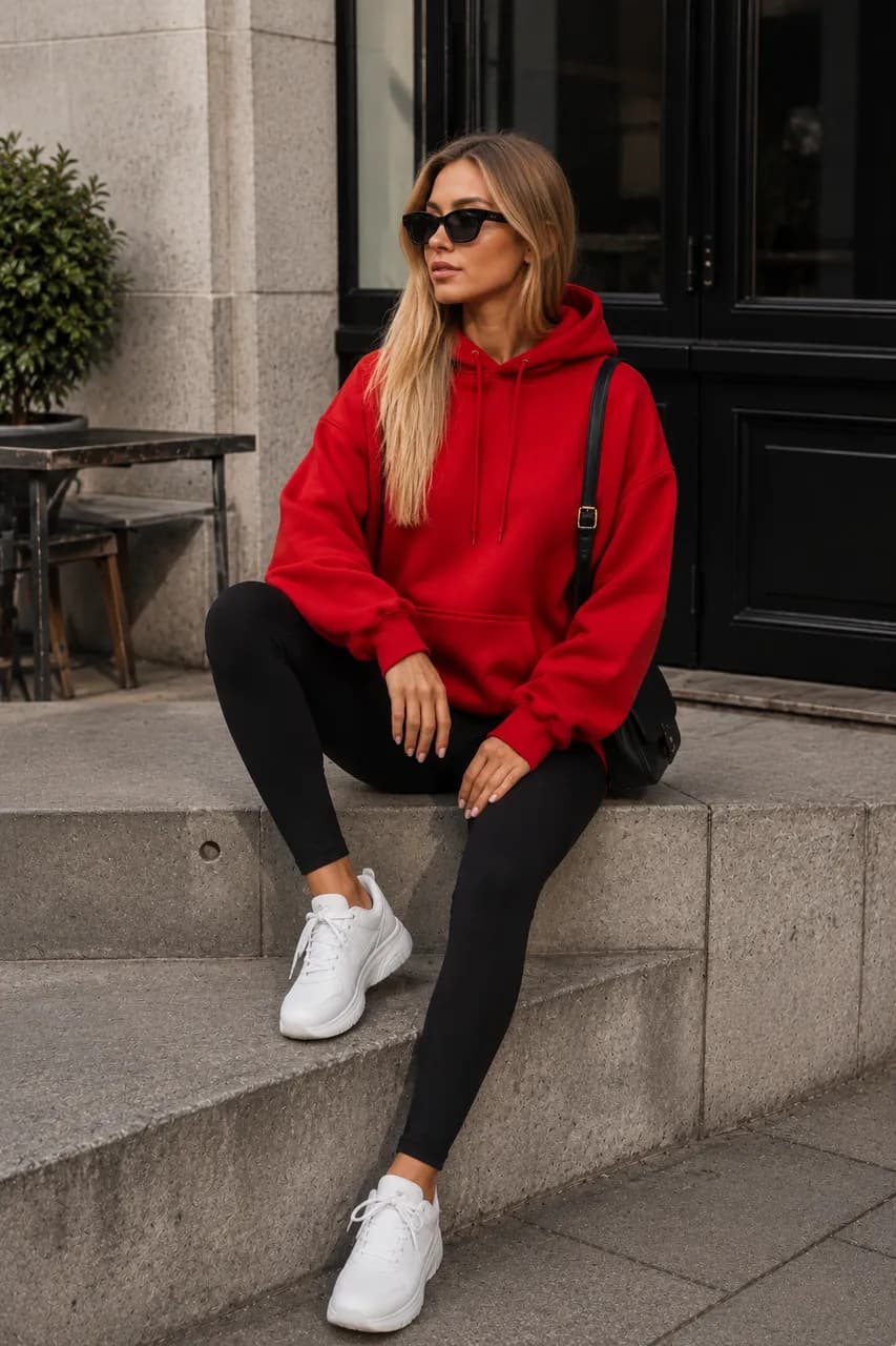 Estilo urbano con hoodie rojo y leggings