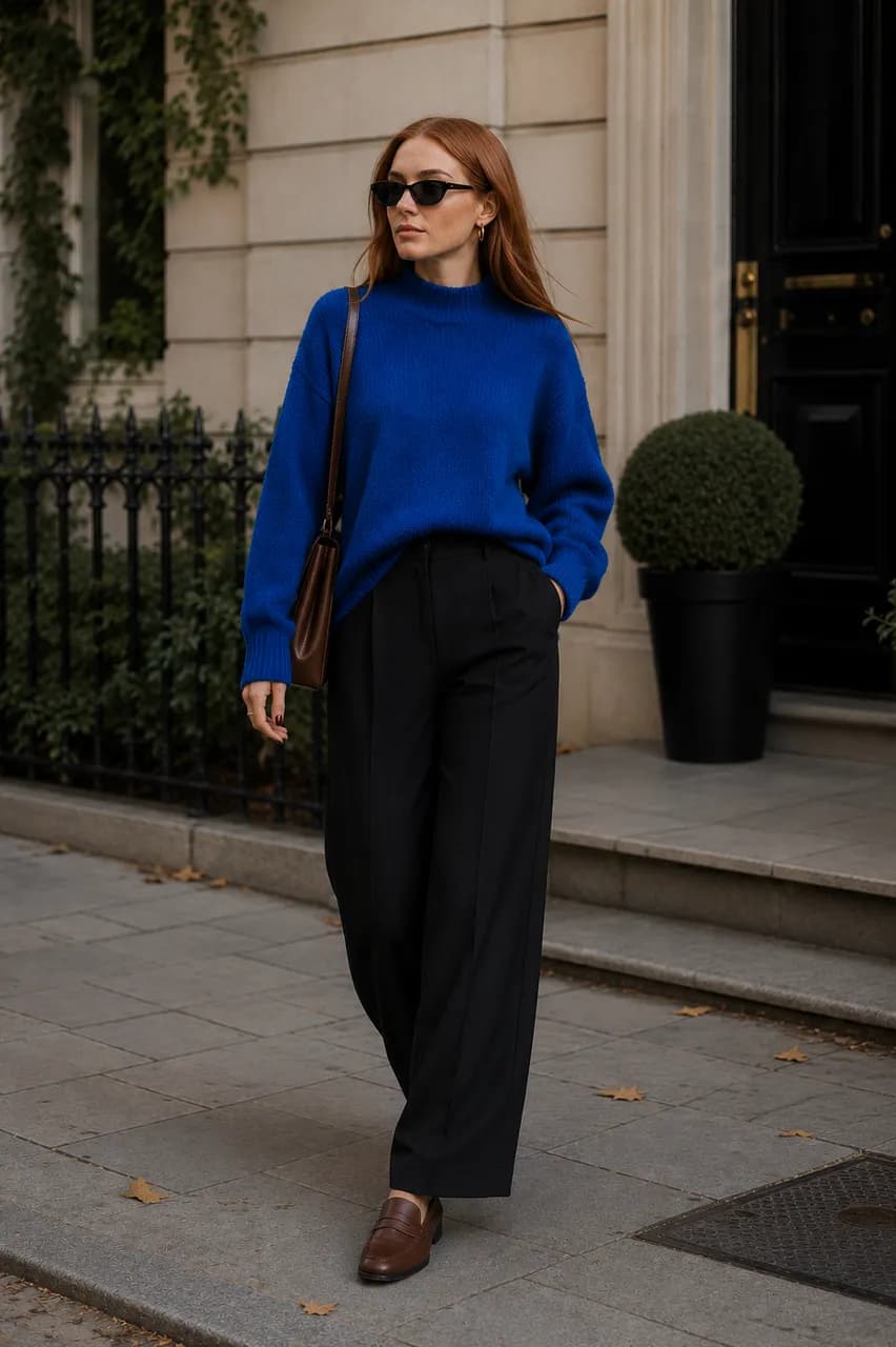 Estilo urbano con suéter azul y pantalones negros