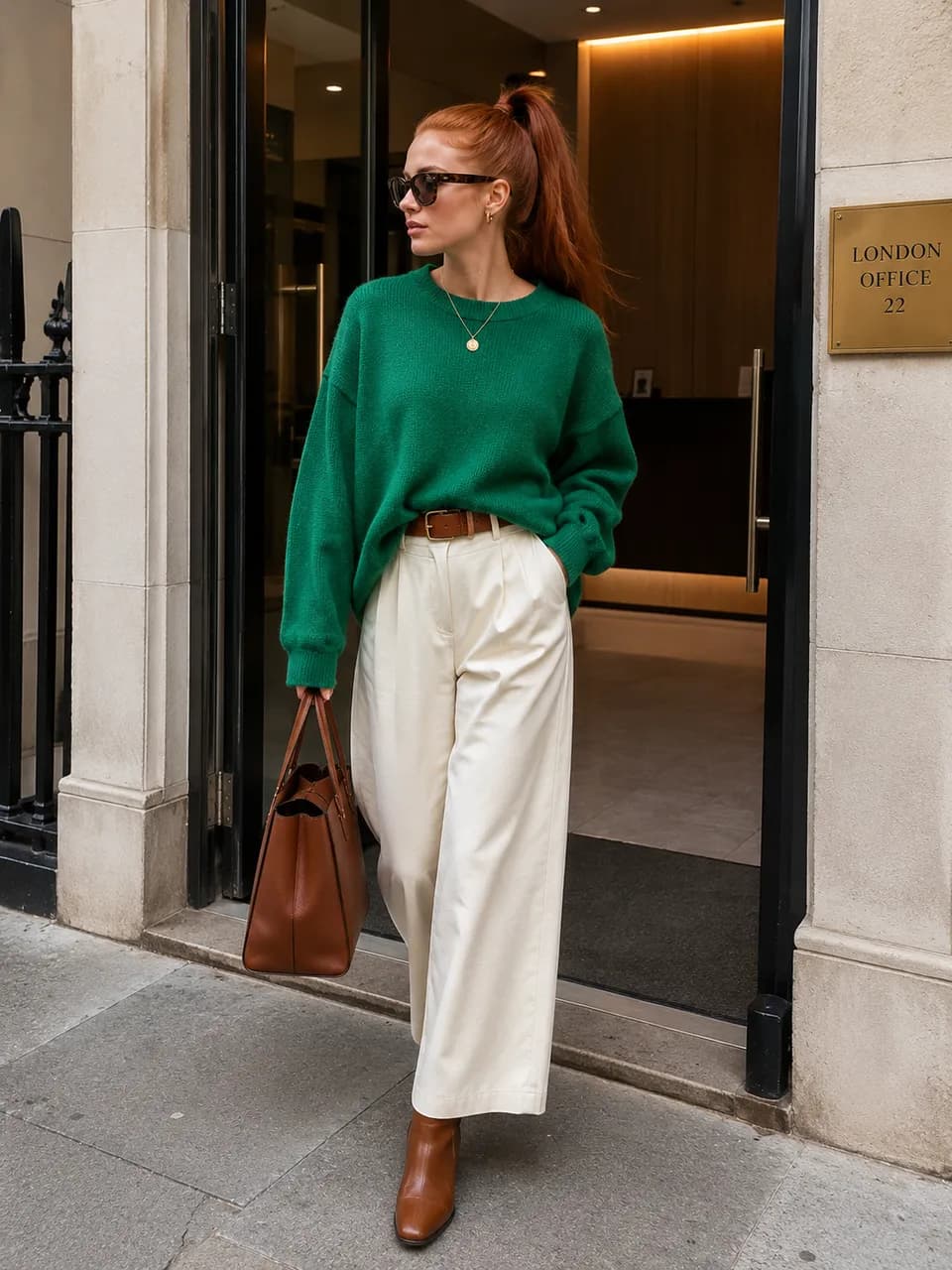 Estilo urbano con suéter verde y pantalones claros