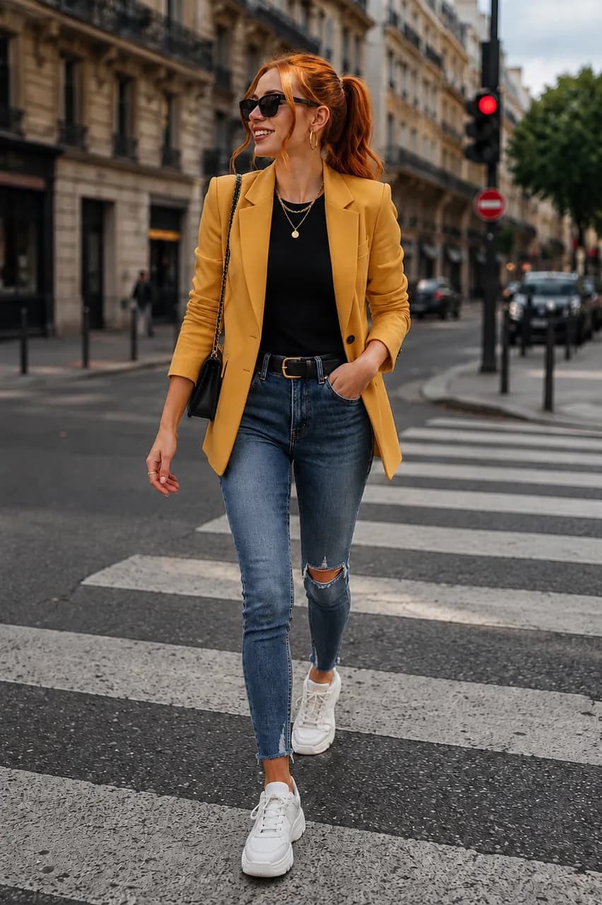 Estilo urbano con blazer mostaza y denim