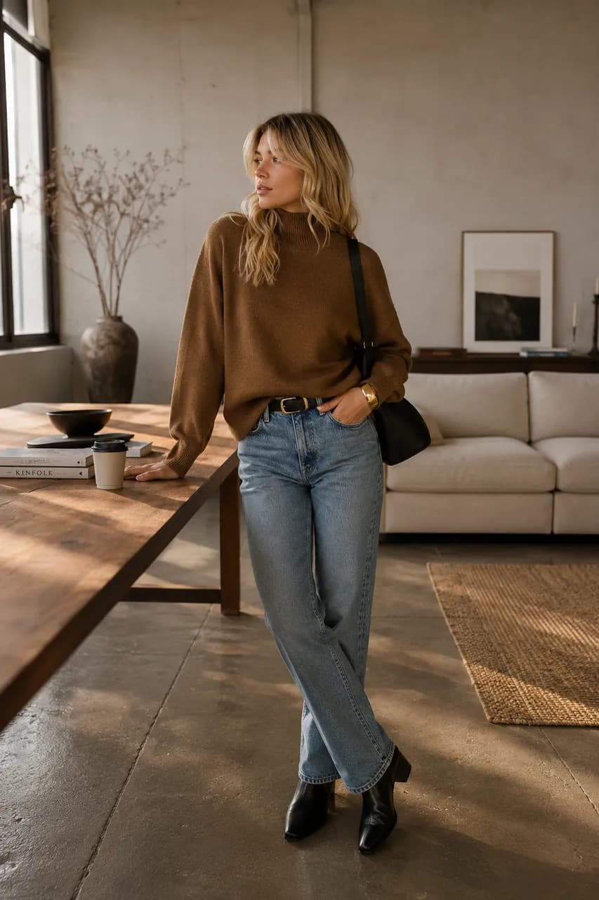 Estilo relajado con suéter marrón y denim