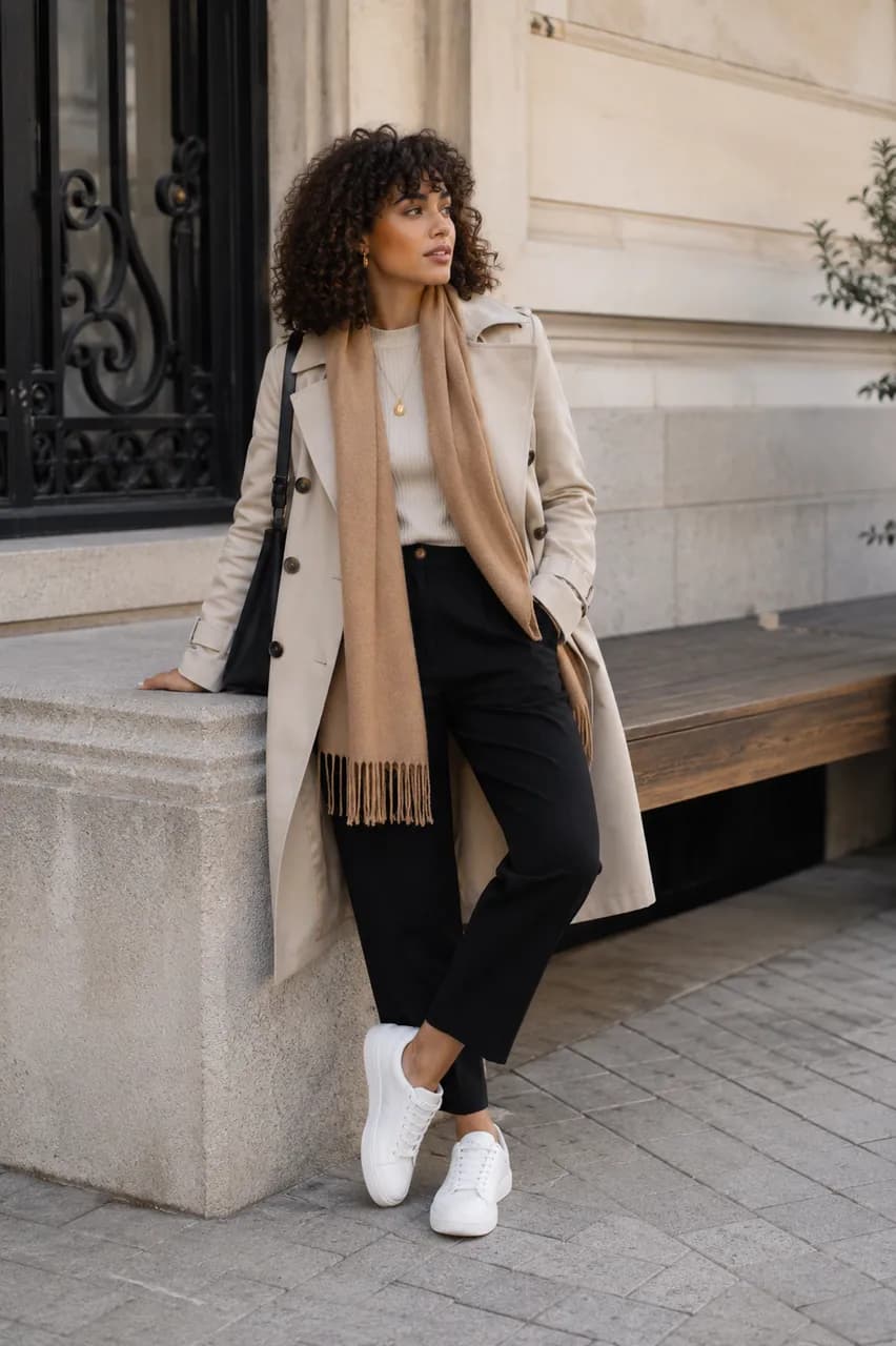 Estilo urbano con trench y sneakers blancos