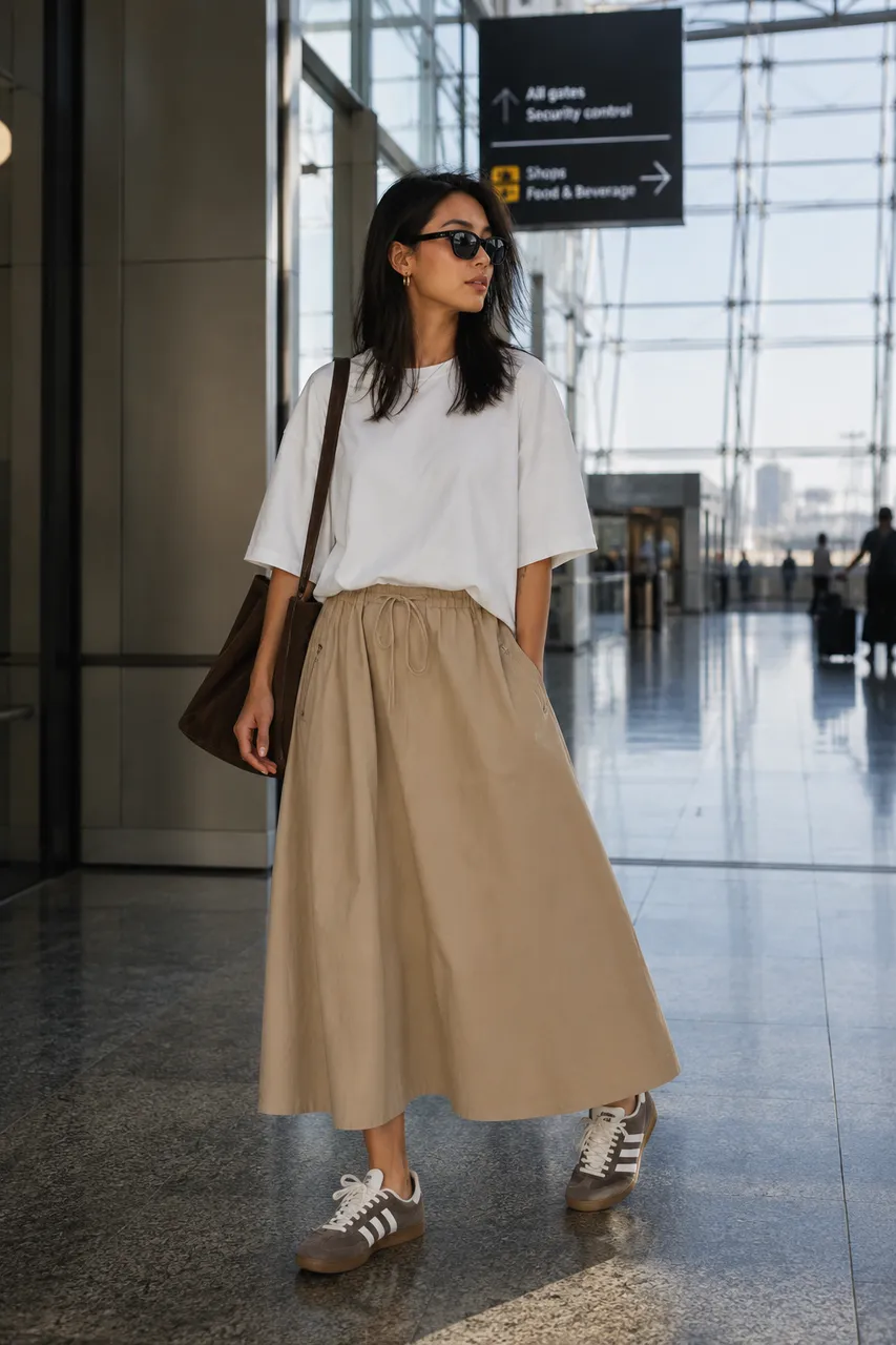 Estilo casual chic con falda beige y camiseta blanca
