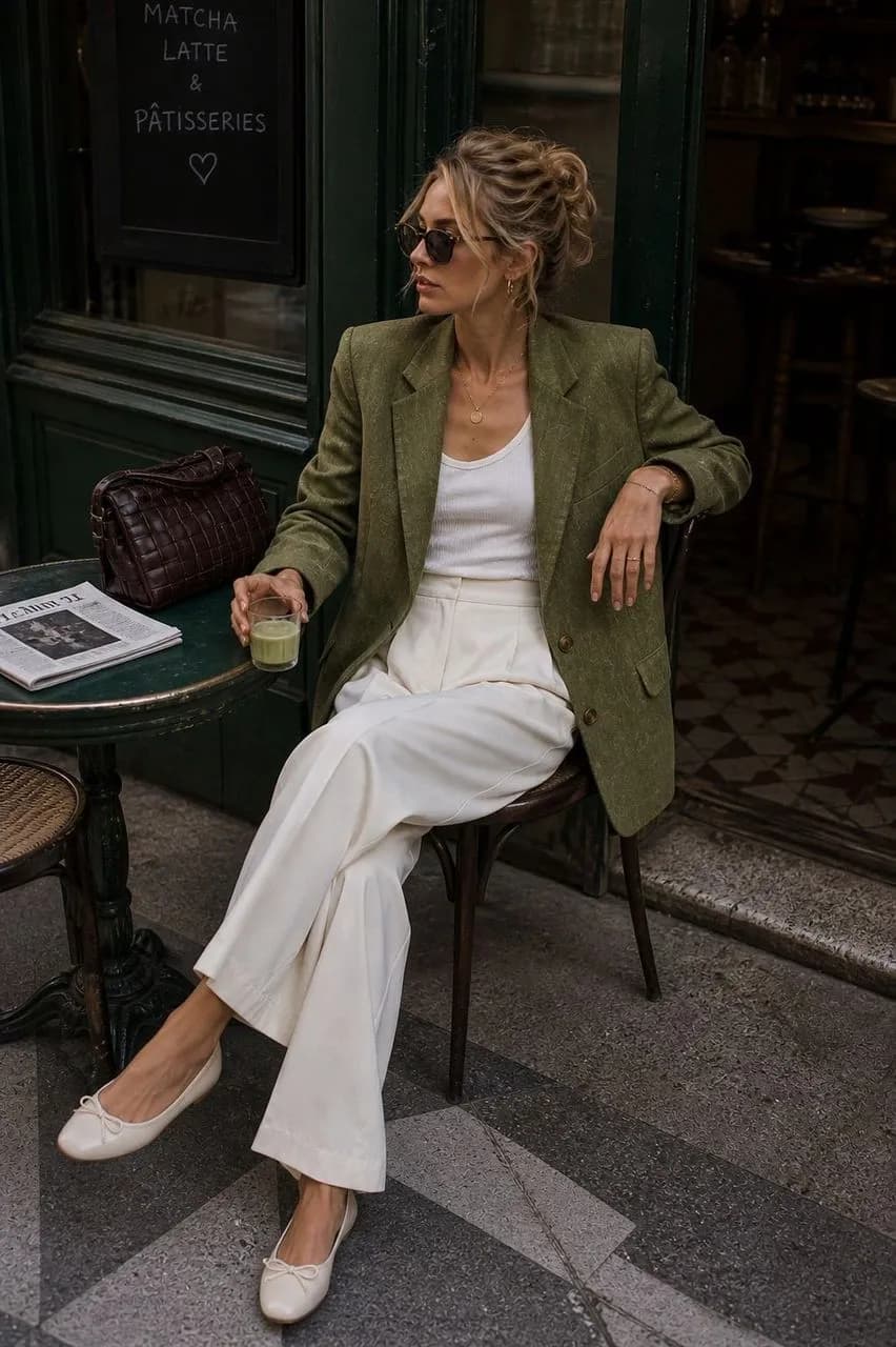 Americana en verde, camiseta en blanco, pantalón en beige y bailarinas en beige