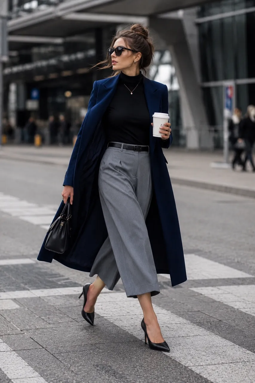 Estilo urbano con abrigo azul y pantalones grises