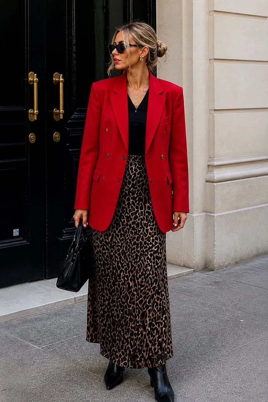 Americana en rojo, blusa en negro, falda en marrón y botas en negro