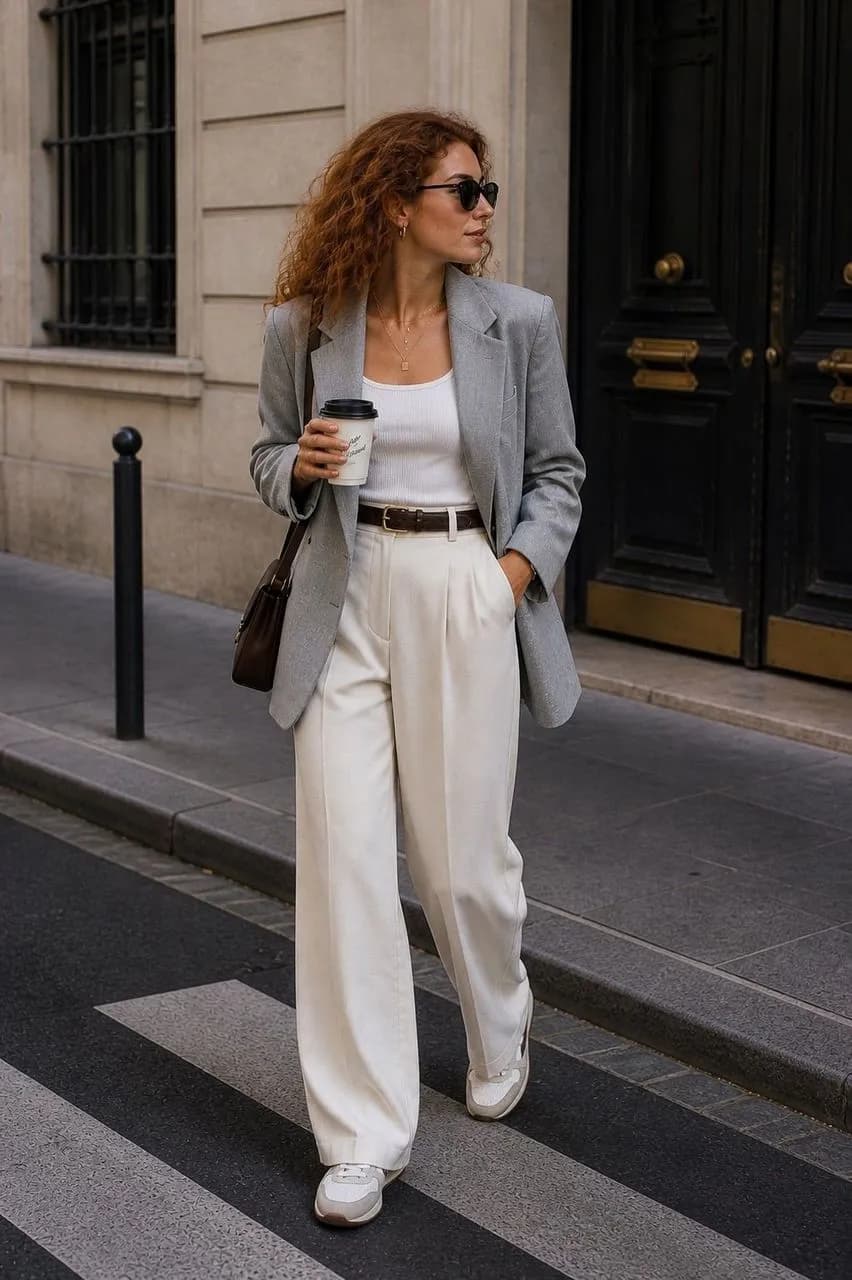 Estilo urbano con blazer gris y tonos neutros