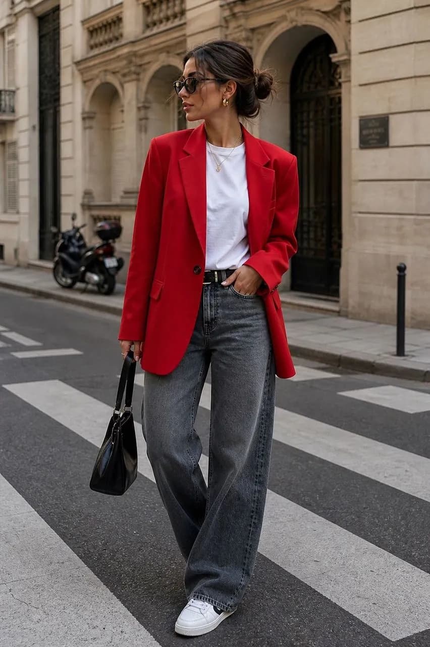 Americana en rojo, camiseta en blanco, vaqueros en gris y deportivas en blanco