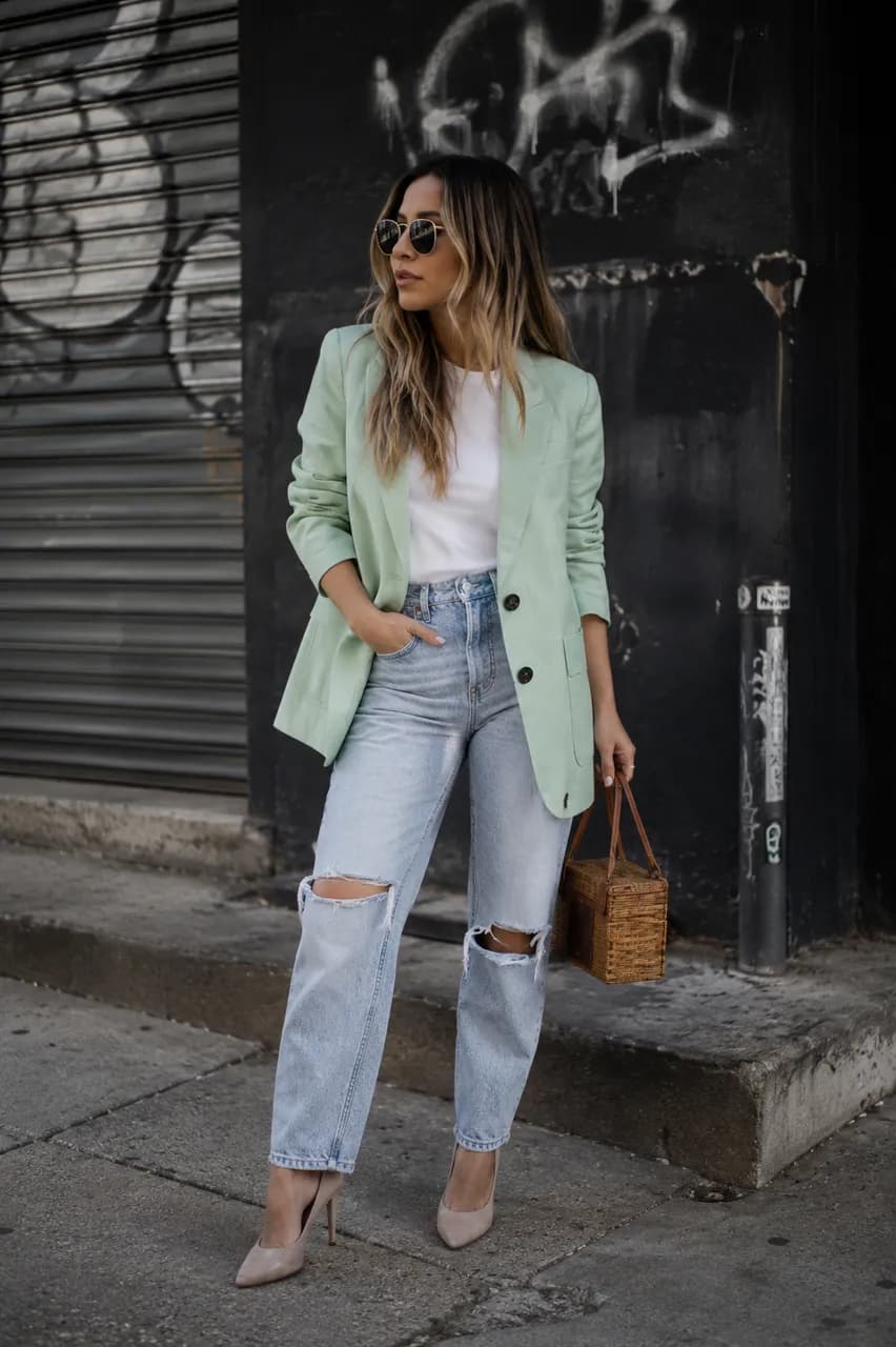 Blazer verde y denim para un look casual chic