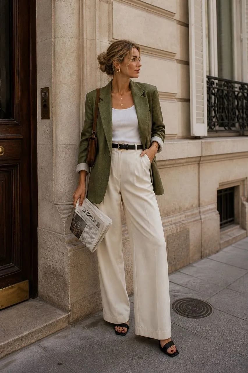 Americana en verde, camiseta en blanco, pantalón en beige y sandalias en negro
