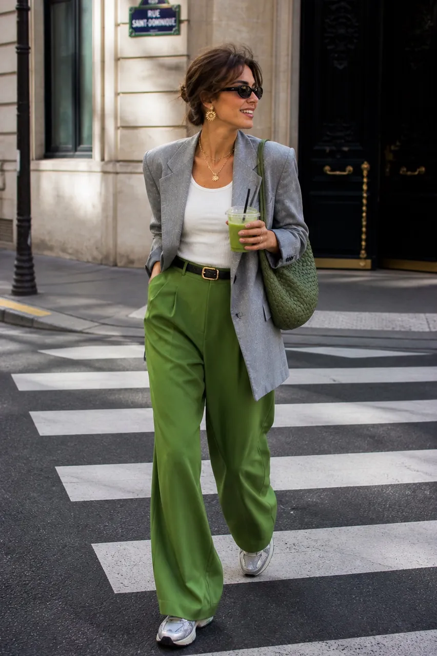 Estilo urbano con blazer gris y pantalones verdes