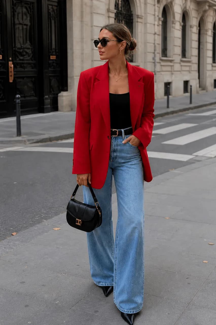 Americana en rojo, camiseta en negro, vaqueros en azul y tacones en negro