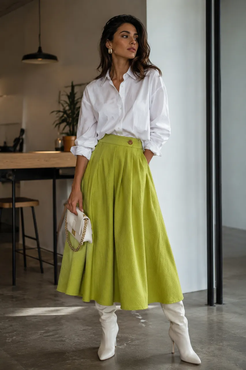 Estilo chic con falda verde y camisa blanca
