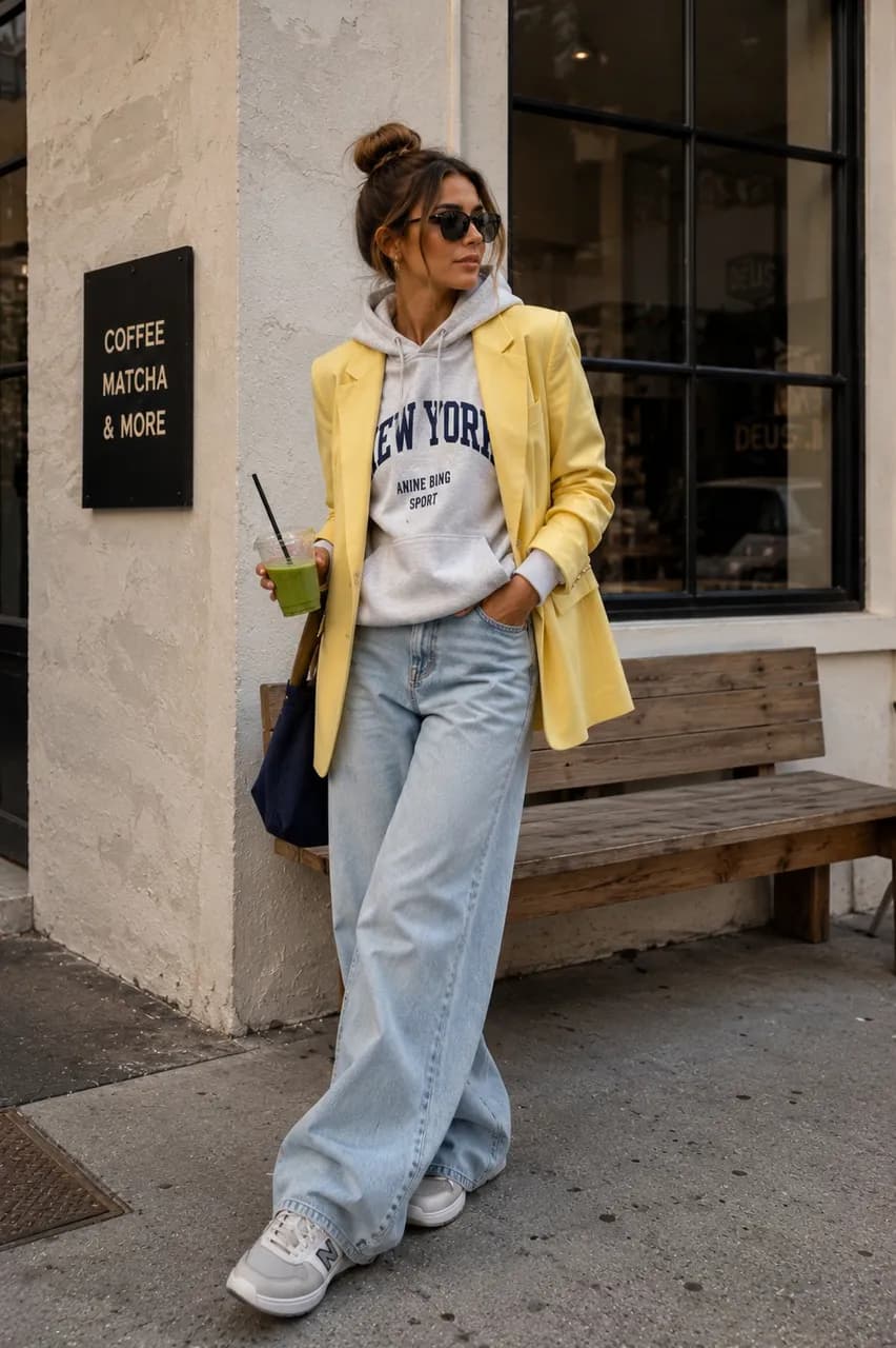 Estilo urbano con blazer amarillo y denim
