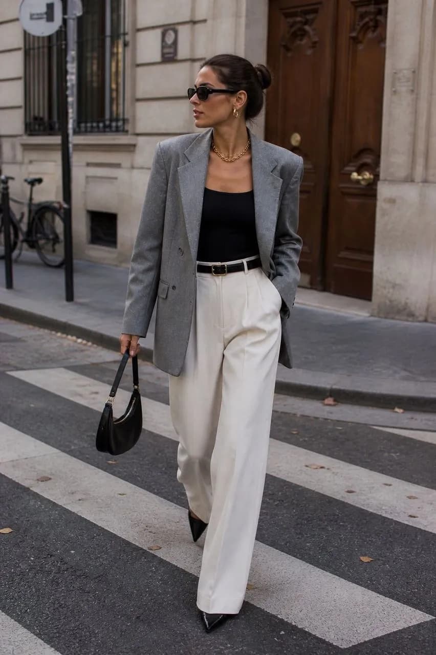 Estilo urbano con blazer gris y pantalones blancos