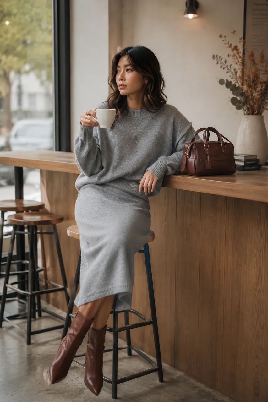 Estilo minimalista en gris con botas marrones