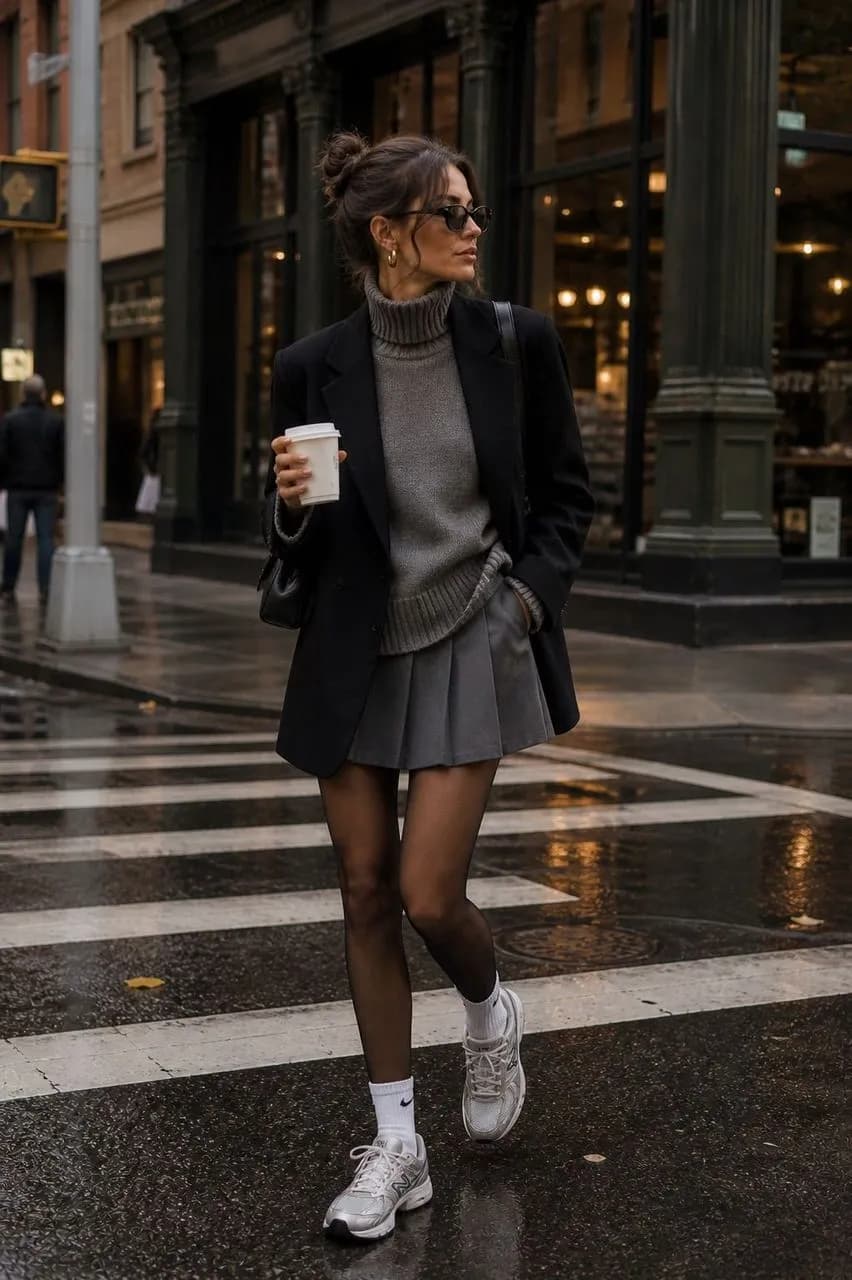 Estilo urbano con blazer y falda gris