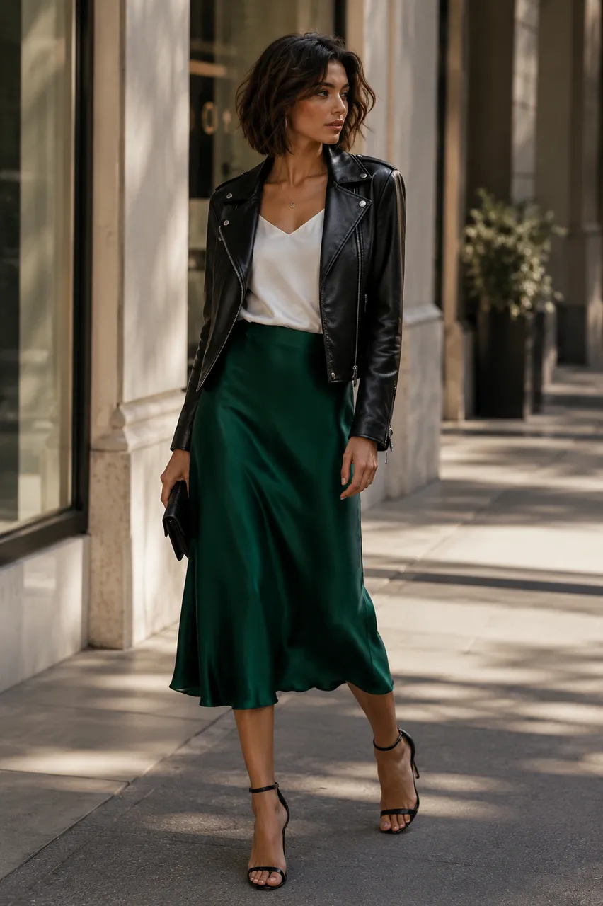 Estilo urbano con falda verde y chaqueta negra