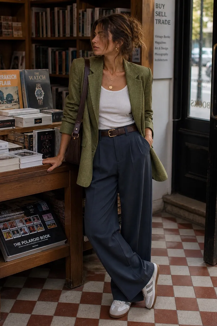 Americana en verde, camiseta en blanco, pantalón en azul y deportivas en blanco